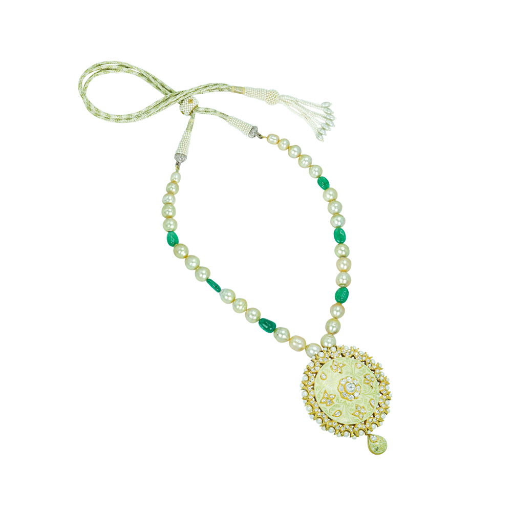 Ivory-Mint Enamel Pendant Necklace with Pearls and Emeralds
